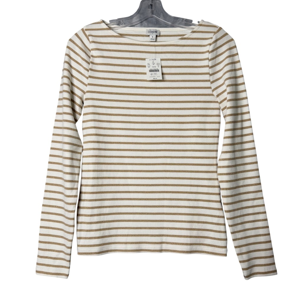 New J. Crew Factory Metallic‎ Strip Boatneck Tee Womens S White Gold Long Sleeve